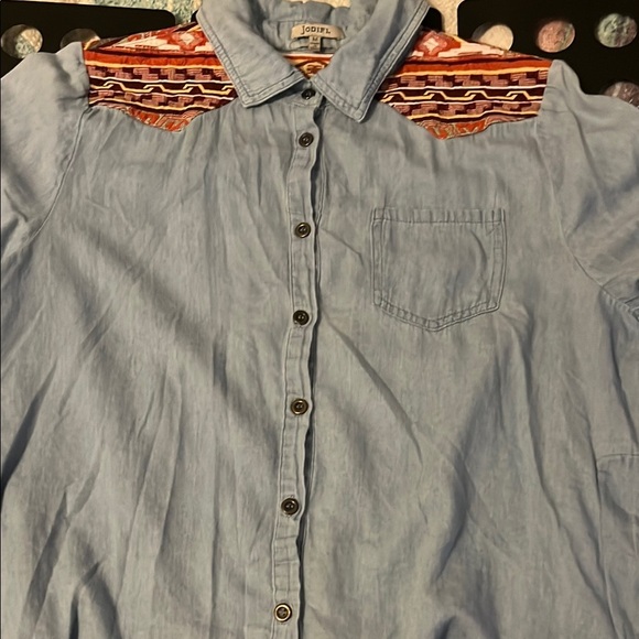 JODIFL Blue Button Down Shirt with Red Pattern - Picture 6 of 10